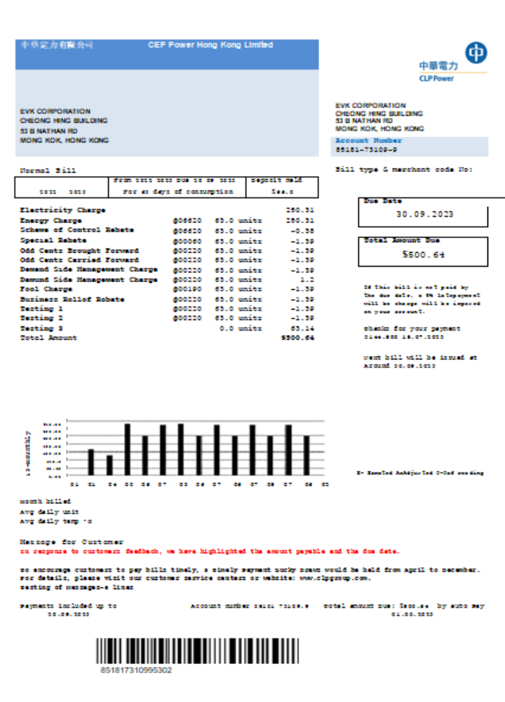 CLP Power Hong Kong Limited utility business bill, SCR PSD template